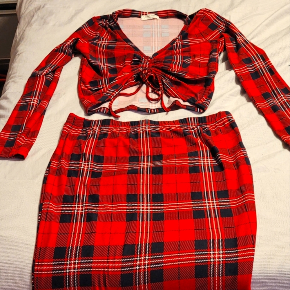 Plaid crop top and skirt.